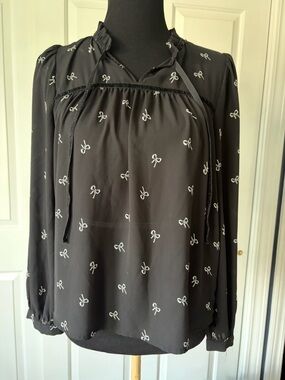 J. Crew Black Long-Sleeve Bow-Print Tie-Neck Blouse Small